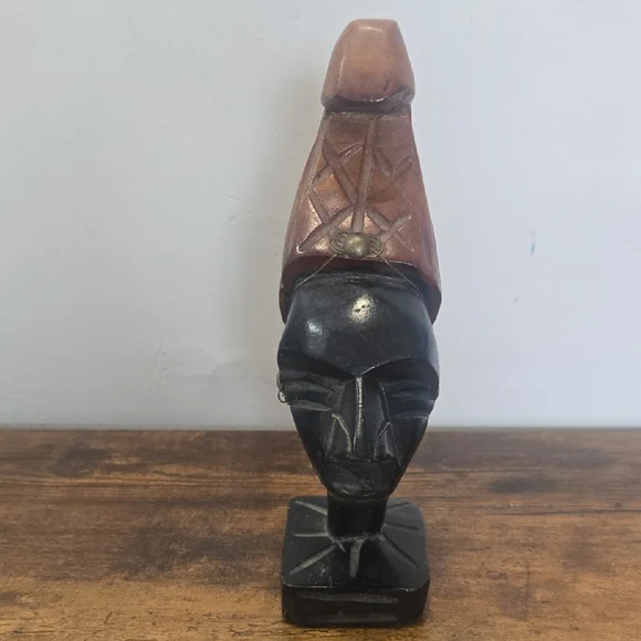 Vintage African Hand-Carved Black and Brown Wooden Tribal Bust Sculpture - Picture 2 of 5